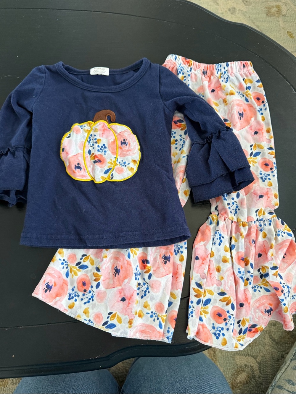 Girls Navy Pumpkin Top and Floral Pink Pajama Set